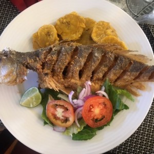 Pescado frito con patacones