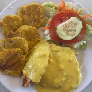 Pechuga de Pollo en salsa de curry con patacones