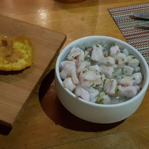 Ceviche de Corvina y Patacones $12