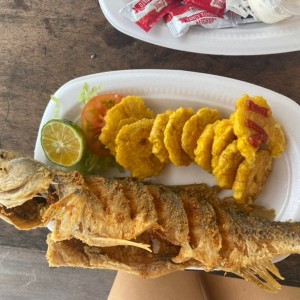 Corvina frita con patacones 