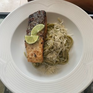 Salmon con fetuchini al pesto