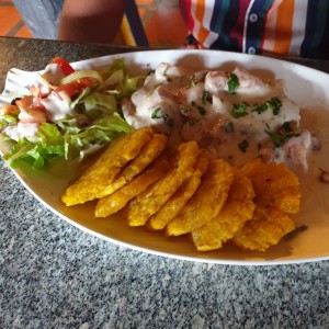 Mixta de marisco en salsa blanca con patacones.