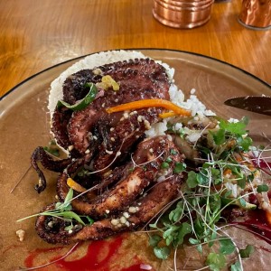 Pulpo a la parrilla y arroz gon coco