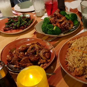 Ginger chicken with brocoli, Mongolian beef,  Rice with shrimp 