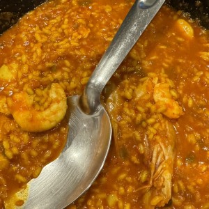 Arroz caldoso de langostinos y merluza