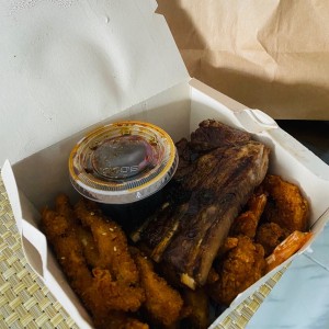 Ribs, shrimps and chicken strips.