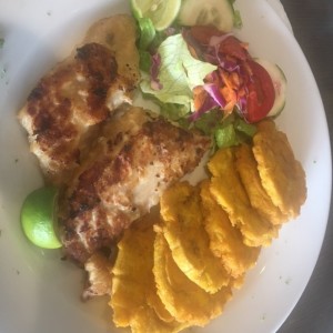 Filete de Merluza con ensalada y patacones 