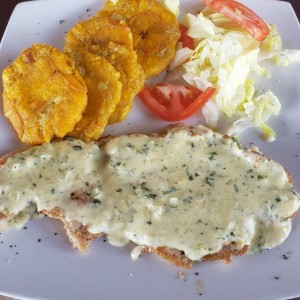 pollo en salsa blanca con patacones