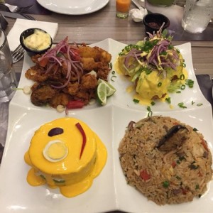 jalea de mariscos, ceviche frito, causa de pollo y chaufa de mariscos 