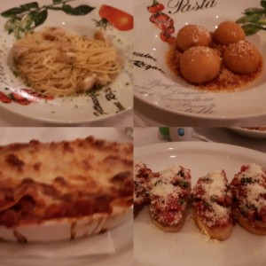 Spaghetti con pollo al oleo, arancinis, bruschettas, lasagna de carne al forno