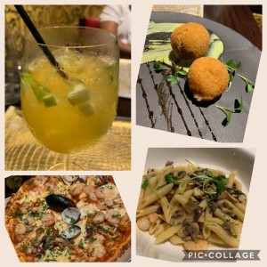 Croquetas de Salmon, Pasta de Camarones y funghi, Pizza de Frutti de mare