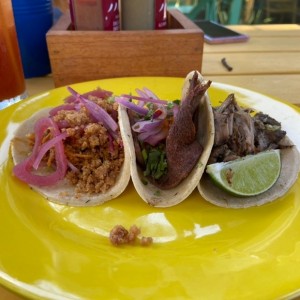 Taco de cochinita, lengua y carnitas