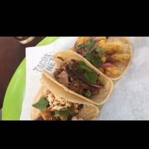 tacos de pollo, carnitas y pescado 