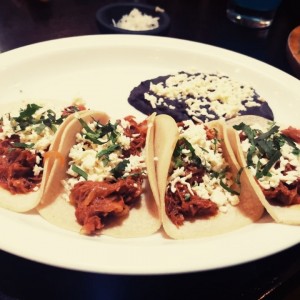 Tacos Tinga, carne desmechada con tomate, queso rayado y salsa chipotle