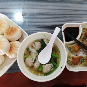 Sopa de wanton de puerco, hampao de puerco, dumpling de puerco con cebollina