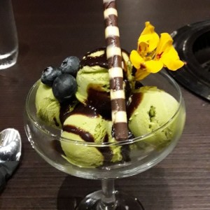 CHOCOLATE LAVA CAKE WITH GREEN TEA ICE CREAM