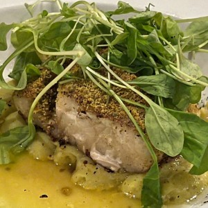 Corvina en costra de pistacchio