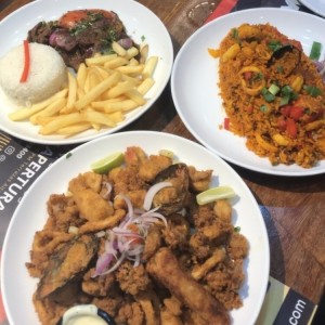 Lomo, jalea de mar y arroz con mariscos 