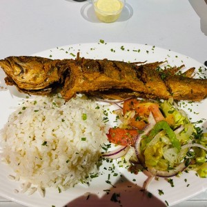 Corvina entera frita con arroz con coco.