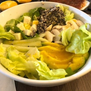 mushroom bowl with quinoa, avocado, feta amd lettuce