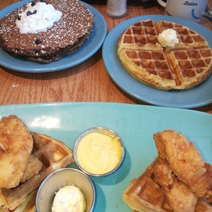 Chicken n waffles, pancakes triple chocolate?