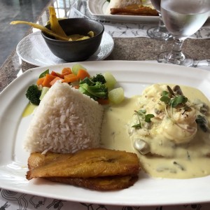 Menu ejecutivo filete de pescado coronado con camarones y salsa peruana 