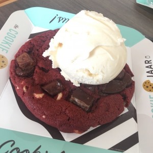 red velvet cookie and vanilla ice cream