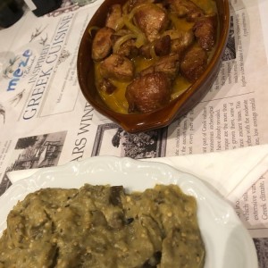 puerco a la mostaza con pure de berenjenas