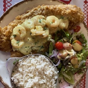 Corvina coronada con camarones y arroz con coco