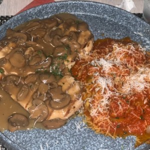 filete de pollo con hongos, tortellinis 