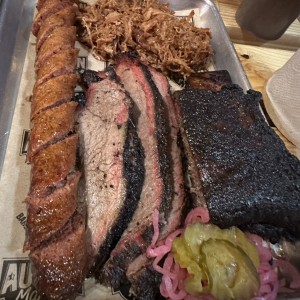 1/2 Lb Prime Brisket, Pork Belly, salchicha