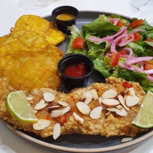 Filete de pescado apanado en salsa de coco y raspadura