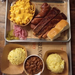 1/2 ribs, sausage, mac &cheese 