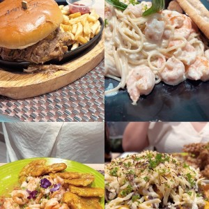 Top burguer, spaguetti con camarones, camarones al ajillo y nachos catrina 