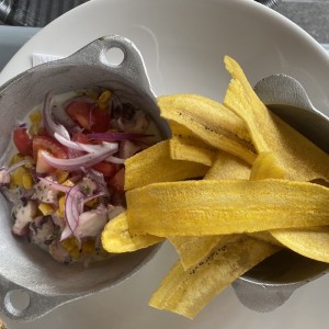 Ceviche de pescado y platanitos