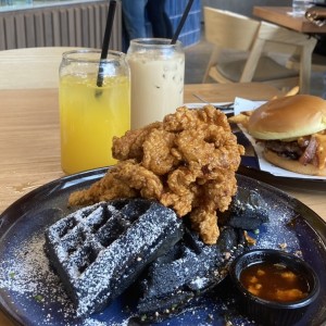 Black sesame waffles with spicy honey butter chicken