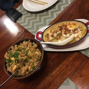 arroz mixto y pescado gratinado