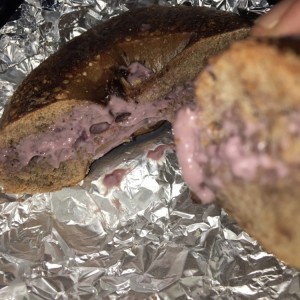 blueberry cream cheese in raisin bagel