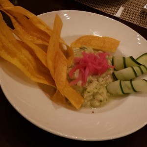 Ceviche Verde de Corvina Leche de Tigre, Aguacate, Pepino, Cebolla Morada y Cilantro