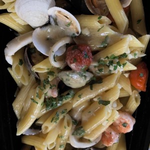 Penne Scoglio (Camarones, Calamares, Mejillones, Almejas y Tomate Cherry y Aceite de Oliva)