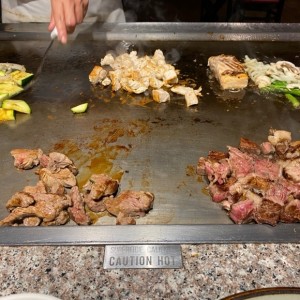 hibachi steak + new york + pollo teriyaki + hibachi salmon