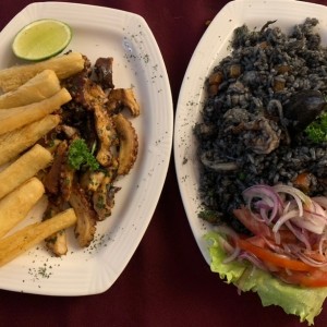 pulpo a la parrilla y arroz negro