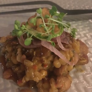 risotto de sebada con cerdo y reduccion de citricos 